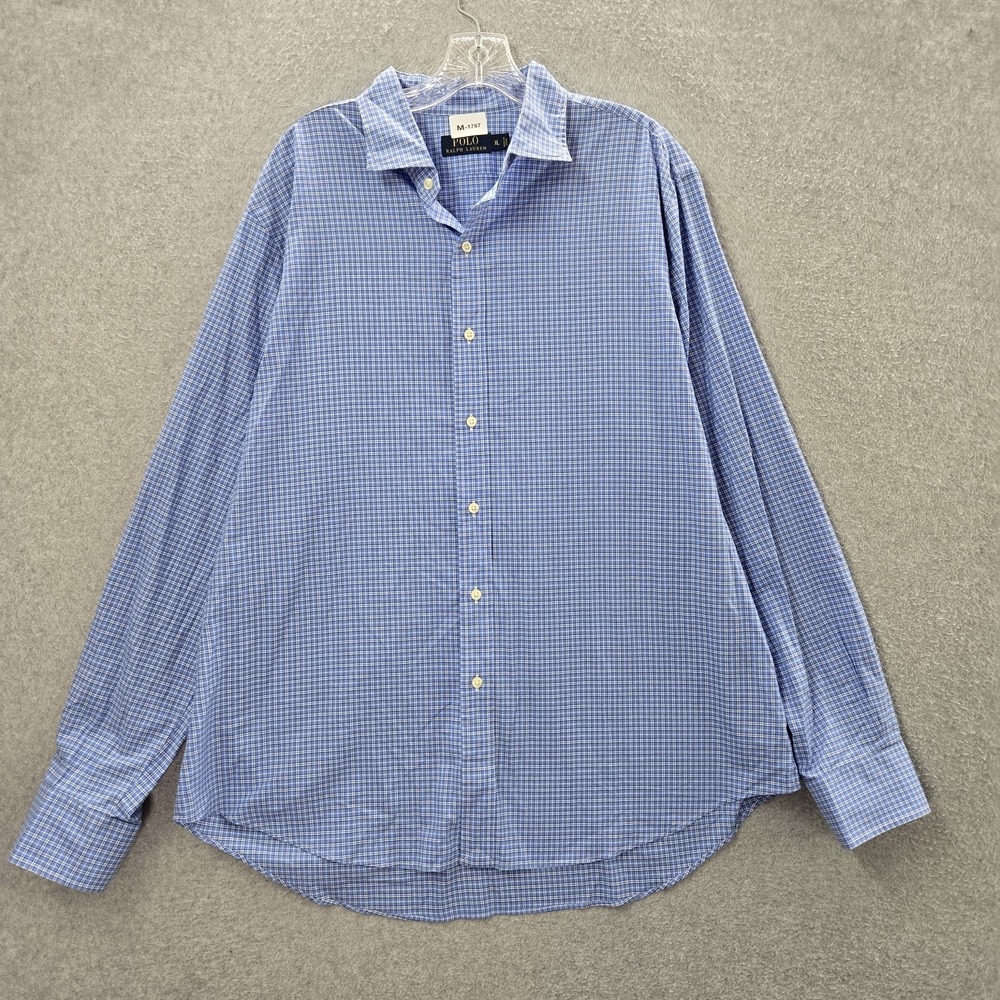 Polo Ralph Lauren Men Button Up Shirt XL Blue Plaid Long Sleeve‎ Cotton